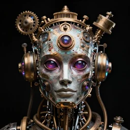 hyperdetailed portrait of a psychedelic steampunk robot head, 8 k, symetrical, halluzinogenic, meditative, black background