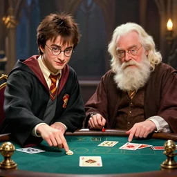 Daniel Radcliffe as Harry Potter and dumbeldore are playing poker in hogwarts, digital art, vibrant, amazing detail, artstation