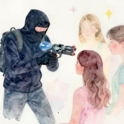 robber holding water gun to ladies head, magical, water color painting, pastelle colors, by roald dahl