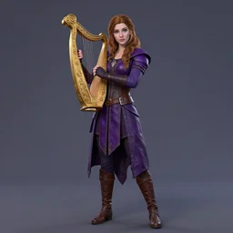 Full body Portrait of a beautiful young bard lady, carrying an onrnamental Golden lyre, light borwn hair, White skin, dark Blue eyes, purple leather garments, leather boots, fingerless gloves, high fantasy, magic music, dungeons and dragons, blizzard entertainment, industrial light and magic, pixar, mucha, trending on Artstation, artstationHD, artstationHQ