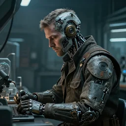 a rugged engineer man with cybernetic enhancements working in the laboratory, scifi character portrait by greg rutkowski, esuthio, craig mullins, 1 / 4 headshot, cinematic lighting, dystopian scifi gear, gloomy, profile picture, mechanical, half robot, implants, steampunk