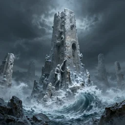 fantasy rendering of atlantis rising, torrent, maelstrom, dante, chiseled formations, atmospheric, ambient, frost, matte painting