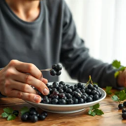 a man eats black currants in a plate, hyper realistic, hyper detailed, cfg _ scale 1 2
