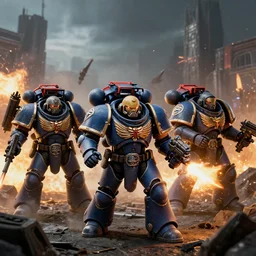 astartes space marines of warhammer 4 0 k taking cover from enemy fire, realistic, cinematic, photo, 4 k, hdr render, ue 5, dynamic lighting