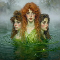 hyperrealist mysterious portrait in a river, green water algae by alphonse mucha and lucian freud and bouguereau, fog, very detailed faces