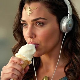 film still of gal gadot as wonder woman eating icecream while listening to music in the new wonder woman movie, 4 k, highly detailed face, detailed eyes