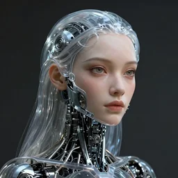 a robotic goddess with transparent skin, robotic a fine wiring skeleton, highly detailed, digital painting, smooth, sharp, beautiful face, expressive eyes, highly intricate, art by Boris Vallejo and H.R. Giger