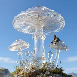 hyper realistic gorgeous lighting, blue sky, highly detailed, transparent glass magic mushrooms made of glass and crystals by zdzisław beksinski and norman rockwell and greg rutkowskiweta studio, and lucasfilm