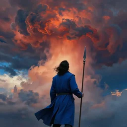 a man with a long wavy black hair wearing a long blue coat and holding a spear stands with his back to the viewer looking up at an immense approaching storm. roiling dramatic clouds in shades of red and orange and blue. fantasy art by greg rutkowski and michael whelan