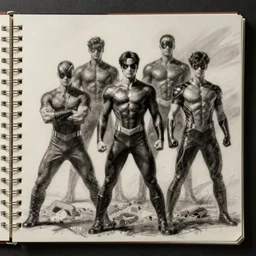 a sketchbook page filled with superhero poses by kim jung gi, artstation