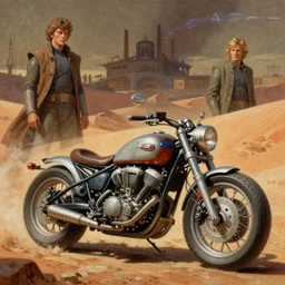 moebius and ralph mcquarrie style retro motorbike motorcycle futuristic sci - fi painting, star wars dune, the incal