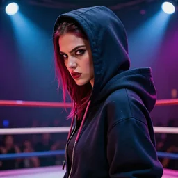 gorgeous cyberpunk goddess in hoodie in a fight ring, side portrait, vi, angry, striking, defiant, spotlight, vibrant colors, beautiful eyes, by marco paludet and gianni strino and marion bolognesi