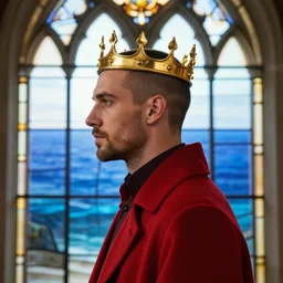 side - view portrait of a man wearing a slim golden crown, buzzcut, stubble, he wears a red coat, gothic stained glass window, blue ocean background, very masterful, royal, backlit
