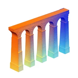 orange to blue gradient photogrammetry lidar 3 d scan aqueduct model on white background escher style