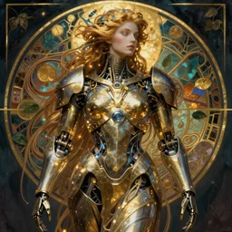 realistic detailed portrait of a humanoid mecha cyberpunk! goddess by Alphonse Mucha and Charlie Bowater, rule of thirds, golden ratio, Art Nouveau cyberpunk! style, mechanical accents!, mecha plate armor, glowing LEDs, flowing wires with leaves, rich deep moody colors