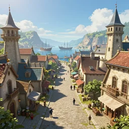 medieval fantasy port city, ships seen in the distance, sunny, bright, paved streets, digital art, highly detailed, videogame background,