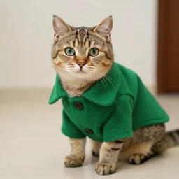 a cat wearing a green coat