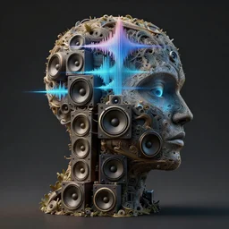 a highly detailed landscape of recursive speakers forming a 3 d head. 🔊 head. amplitude and frequency wave visualisation. xenomorphic. ornate, hyperrealistic, octane render, chiaroscuro, inspired by greg rutkowski, android jones, beeple, shaun tan, frostbite 3 rendered