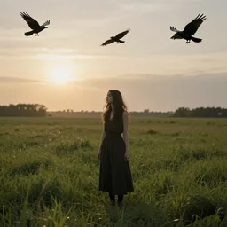 pastoral eerie. woman in meadow. ravens flying. sun low in sky. realistic.