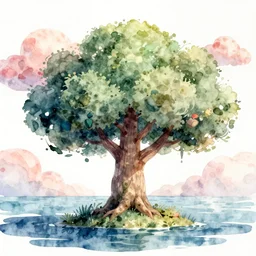 beautiful digital watercolor painting of fantasy tree and candy cloud sky watercolor ocean with swirling colors greg rutkowki artstation