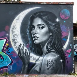 moon goddess as a graffiti mural by lee, spray paint, masterpiece, trending on artstation