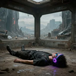 futuristic dirty empty room, person laying in the corner wearing a neon headset, intricate, highly detailed, shallow depth of field, epic vista, Ralph Horsley, Daniel F. Gerhartz, Artgerm, Boris Villajo, Lilia Alvarado