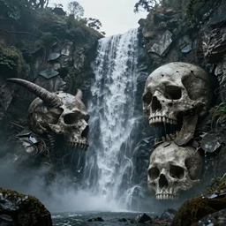 waterfall emerging from the crumbling skull of a colossal ancient beast, by Andreas Rocha + Ted Nasmith, dark, epic, masterpiece, highly detailed, 8k resolution, trending on art station