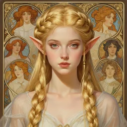 portrait of a half elf girl with long blonde braided hair, intricate, elegant, highly detailed, digital painting, artstation, concept art, smooth, sharp focus, illustration, art by artgerm and greg rutkowski and alphonse mucha and uang guangjian and gil elvgren and sachin teng and wlop, symmetry