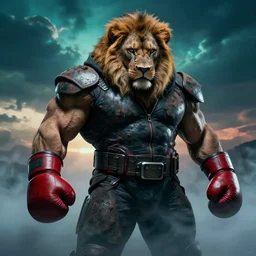 high detail cinematic photograph portrait , epic pose mutant powerlifter muscular oversized lion with big eyes wearing dirty futuristic hoodie red boxing gloves, very dramatic dark studio strong backlight , depressing , shadows , foggy mist ,cyan dramatic couds , sunset
