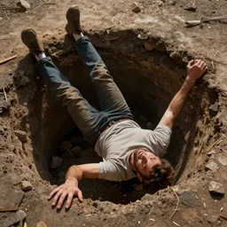 a strong man falling down an endless pit realistic