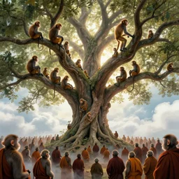 monkeys climb a giant tree, intricate details, finger branches, backlit, clouds, a crowd of robed monkeys, concept art, by greg rutkowski