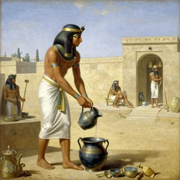 a detailed painting of an egyptian servant collecting water in a pitcher, painting by gaston bussiere, craig mullins, j. c. leyendecker