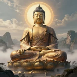 a giant buddhist monk meditating on a mountain, holy style, concept art, fantasy
