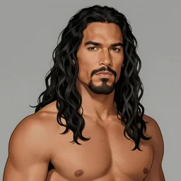 illustration of a handsome!! man resembling ( ( ( ( ( ( jason momoa ) ) ) ) ) ) with long black curly hair + tan skin + anchor goatee + glowing, radiant eyes, guitar | wearing a cowboy hat with a skull emblem | art by hirohiko araki & jean giraud & artgerm & jack kirby | artstation, character design, concept art, full body, digital painting | intricate, high detail, smooth, sharp focus