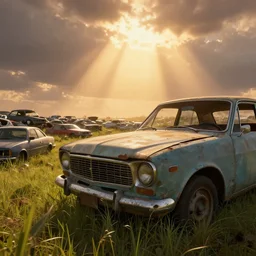 warm lighting, volumetric, concept art, grass, cinematic view, macro, detailed, beautiful, huge scene, by jordan grimmer, vivid, art greg rutkowski, abandoned old car close - up at a car dump, high detail, low angle, trending on artstation, godrays, epic sky