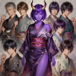 ultradetailed beautiful painting of a stylish tomboy fate wearing only a kimono, oni horns, hourglass slim figure, short purple hair, purple skin, seductive smile, volumetric light, full body portrait by greg rutkowski, ilya kuvshinov, james jean, makoto shinkai, on artstation