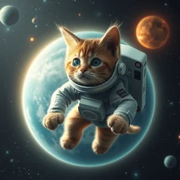 a feline astronaut returning to our solar system from a distant galaxy