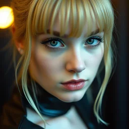 a close up photograph of a young woman in leather dress, 9 0 s goth, dyed hair, dof, sharp focus, highly detailed face, symmetric face, realistic iris, cinestill 8 0 0 t, photography by paolo roversi