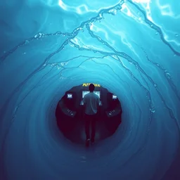 a vortex made of water, a person inside an arcade
