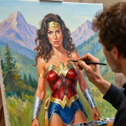 a closeup photorealistic photograph of bob ross working on a canvas painting of wonder woman. film still. brightly lit scene. mountains and trees. this 4 k hd image is trending on artstation, featured on behance, well - rendered, extra crisp, features intricate detail, epic composition and the style of unreal engine.