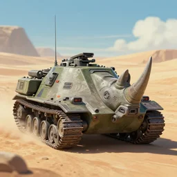 centered uncut colored and textured 3 d model of a rhino shaped battle veichle designed by the military. futuristic stramline design. brutally armed and armored. by alonso mecha. biomechanical siege rhino conceptart by clogtwo artgerm and ghibli. old retrofuturiatic scifi anime style. blurry windy desert background. by greg rutkowski