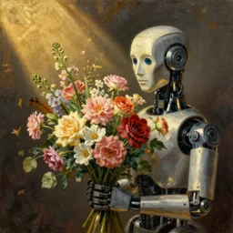 still life painting of a beautiful bouquet of flowers coming out of a bipedal robot head by pieter claesz, oil on canvas, strong lighting, highly detailed, hyper realism, golden hour, god rays, hd, 4 k