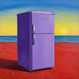 purple refrigerator on a red beach at sunset, salvador dali style painting