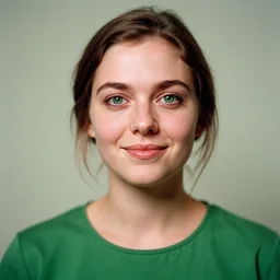 tattooed white girl, brown hair, green eyes, dutch, wide set eyes, round face, round cheeks, smirking, wearing green shirt, symmetrical, 3 0 years old, pretty, high cheekbones, leica s, 5 0 mm lens, kodachrome, 1 9 6 9, shot by platon