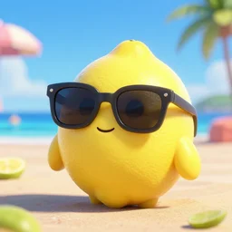 Pixar render of a lemon wearing sunglasses at the beach, 4K, high octane