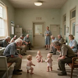 a sparsely populated strange battle in an old hospital between old people and babies Robert Williams Mark Ryden and Alex Gross, Todd Schorr highly detailed deep perspective perfect composition
