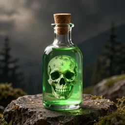 potion, glass bottle, green glow, skull painting on the front, cork stopper digital art, render, unreal engine