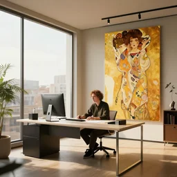 kodak portra 4 0 0 photographic and realistic, a modern room large windows with a clean desk, nothing on the desk except for a desktop computer, detailed, a professional writer sitting at the desk, octane render, unreal engine, 4 k, artstation, hyper realistic, wide angle, 3 5 mm, sharp focus, warm light, in the style of mucha