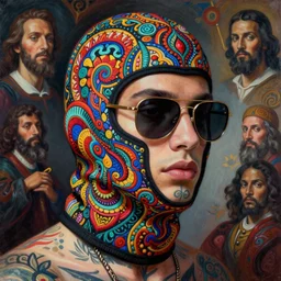 a close up of beautiful fashion model with tattoos wearing a balaclava and sunglasses surrounded by colourful intricate patterns, by edgar maxence and caravaggio and michael whelan, intricate painting, hyper realistic, extremely detailed and beautiful aesthetic face, 8 k resolution