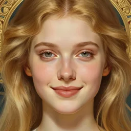 beautiful symmetrical face, portrait of young woman blessed with ever - increasing physical and mental perfection, realism, blonde hair, coquettish perfect face!! intricate, elegant, highly detailed, vision of holy perfection!! smile, digital painting, artstation, concept art, smooth, sharp focus, illustration, humanity, art by artgerm and greg rutkowski and alphonse mucha